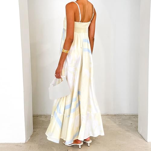 Image of NUFIWI Women Summer Striped Maxi Dress Spaghetti Strap Cutout Ruffle Long Dress Flowy Swing Beach Vocation Dress