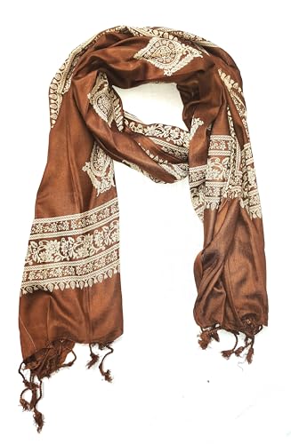 Image of Brown Silk Dupatta for Women | Floral Embroidered Stole with Tassel Ends | Traditional Indian Wrap Scarf