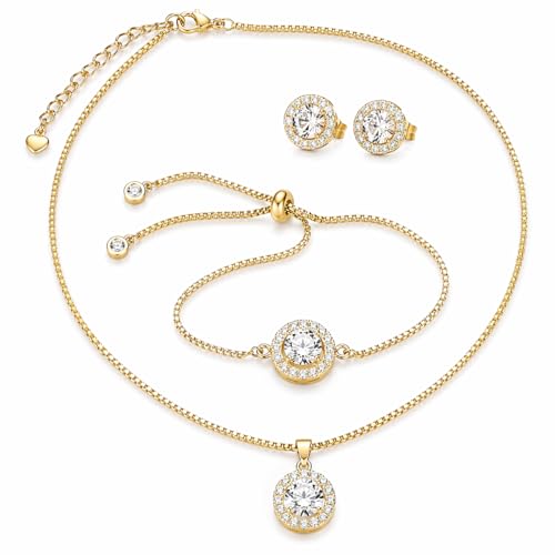Juego de joyas de oro con collar de circonitas y pendientes para mujer
