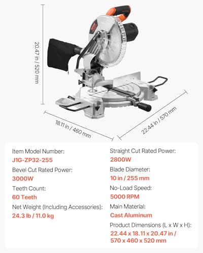 VEVOR Compound Miter Saw, 10-Inch Blade, 15 Amp Motor, 60-Tooth, Corded Single Bevel 0-45°, LED Precision Alignment, Angle Adjustable, Lightweight Cast Aluminum Base, for Wood, Composite Decking - Image 7