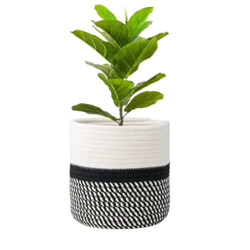 Senda Plant Pot with Liner for Indoor Plants, Foldable Cotton Planter Woven Storage Basket for Plants Flower Pot Laundry Toys Organiser (White with Black, 25x 25cm)