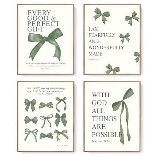 Image of LARTSFRO Coquette Green Bow Wall Art Decor Posters, Olive Green Bow Christian Room Bedroom Bathroom Dorm Wall Art Decor Aesthetic for College Teen Girls Gifts, Inspirational Bible Verses Bow Wall Decor, 10x8 Inch Set of 4 Pcs Bow Pictures (UNFRAMED)
