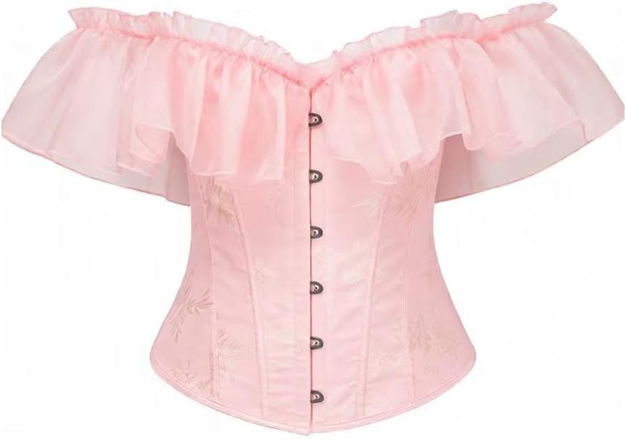 Victorian Style Off-Shoulder Corset, Damask Pattern with Organza Ruffle, Steel Boned