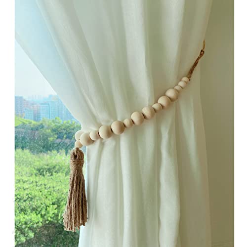 ZILucky Set of 2 Curtain Tie Backs, Natural Wood Drape Tiebacks, Window Treatment, Farmhouse Garland, Boho Decor Accessories (Primary Color Beads + Tassel)