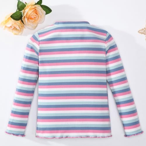 OPAWO Girls Long Sleeve Shirts Ribbed Knit Lettuce Trim Tee Shirt Tops, Little Girl Striped Blouse Undershirts Size 3-9 Years2