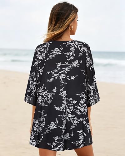 Image of Women's Floral Print Puff Sleeve Kimono Cardigan Loose Cover Up Casual Blouse Tops 2026