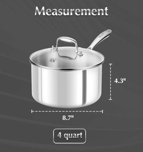 Image of KOCH SYSTEME CS 4 Quart Stainless Steel Saucepan with Lid, Tri-Ply Stainless Steel Pot 4QT, Large Cooking Pot, Sauce Pan with Stay Cool Handle, Induction Compatible Pot, Oven Safe 600F