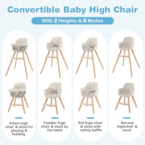 Image of Nightcore 3-in-1 Convertible Baby High Chair, Infant Multi-Purpose Dining Chair with Removable Tray & Adjustable Legs, Toddler Dining Chair with 5-Point Seat Belt & PU Pad (Beige)
