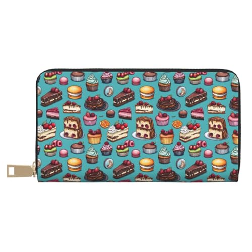Afternoon Tea Cake Print Wallet Women, Leather Bifold Multi Card Wallet, Long Purse Women's Wallets