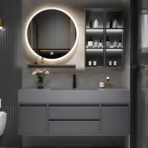 NAIROLET 88IN Modern Bathroom Vanities - Wall Mounted Floating Cabinet Includes LED Lights Mirror & Side Cabinet Induction Lights & Storage Shelf | Wood Bathroom Vanity with Sink