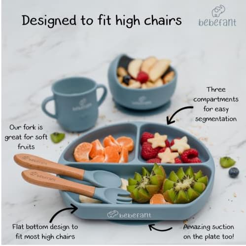 Baby Weaning Set by Bebefant, Suction Bowl, Suction Plate Baby, Cup, Adjustable Bib with Pocket, Bamboo Fork & Spoon for Baby Led Weaning, Baby Feeding Set (Blue)