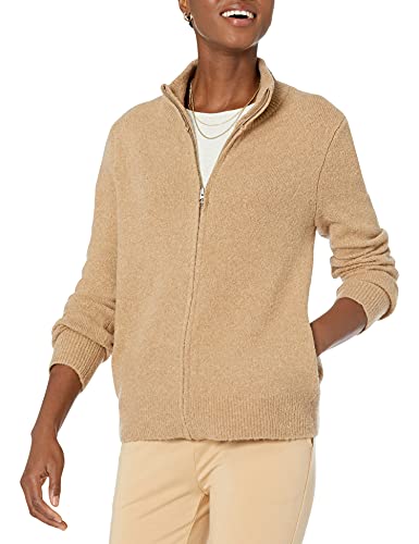 Amazon Brand - Daily Ritual Women s Relaxed Fit Cozy Boucle Zip-Front Cardigan Sweater, Camel Heather , Large
