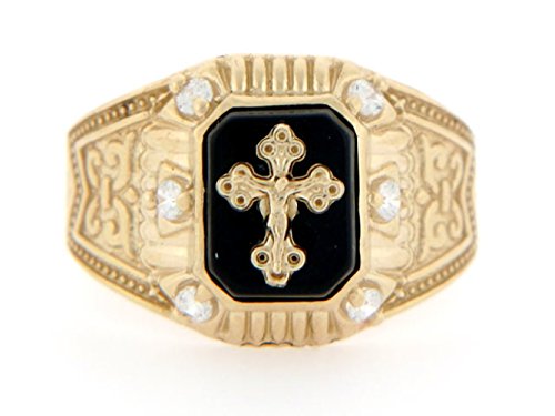 Jewelry Liquidation 10K Yellow Gold Crucifix Onyx Cz Religious Mens Ring #TOP2