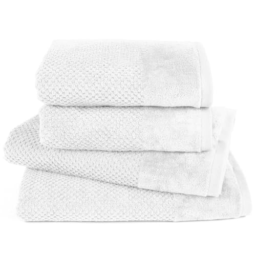 Pure Label 4-TLG. Handtücher Set mit Aufhängeschlaufen aus 100{ae8f730441c582c5ced2be8e84b3d7153a714a3b9d2a5e29bf1c6e7b97a264a4} Baumwolle, saugstark, weich und Oeko-TEX Zertifiziert - 2X Badetuch (70x140 cm) 2X Handtuch (50x100cm), Weiß