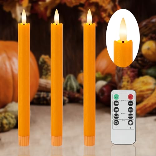 Image of Orange Flameless Taper Candles with Remote and Timer, 9.65 inch Real Wax LED Candlesticks, Battery Operated Autumn Candles with 3D Flickering Flame, Thanksgiving & Halloween Table Decor, 3 Pack