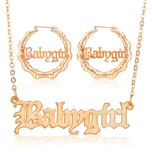 CZMZHFC 90s Necklace Earrings Sets for Women,Hip Hop Punk Gold Bamboo Hoop Earrings, Old English Letter Pendant Necklace,80s/90s Costume Accessories,Trendy Party Jewelry Gifts for Women
