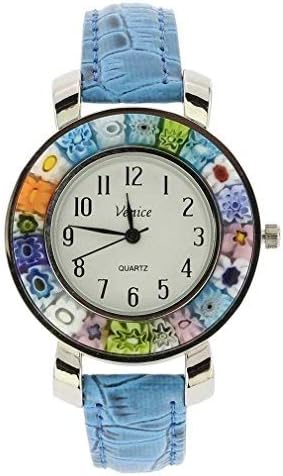 Glass Of Venice Serena Murano Millefiori Watch with Leather Band - Light Blue
