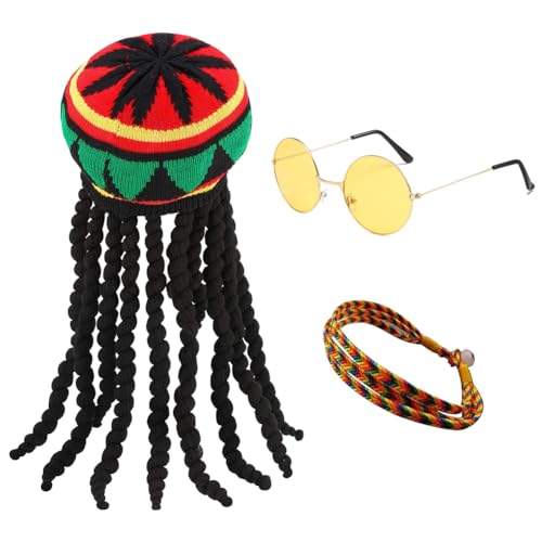 【Il pacchetto include】Riceverai 1 cappello lungo intrecciato, 1 paio di occhiali da sole rotondi con lenti gialle e 1 braccialetto intrecciato, completamente equipaggiato, può essere abbinato a qualsiasi outfit e può anche essere utilizzato come decorazione per foto, molto adatto per il cosplay .