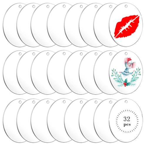 XWAIO 32 Pieces 2Inch Clear Acrylic Ornament Blanks Round Acrylic Ornament Transparent Acrylic Circle Blanks Discblank Ornaments For Crafting Vinyl Project Painting Diy,Holiday Hanging Ornaments