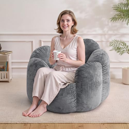 HOMMPA Bean Bag Chair for Adults Comfy Velvet Bean Bag Couch with Back Support Flower Shaped Oversized Sofa for Living Room,Bedroom,Dorm,Grey - image 1