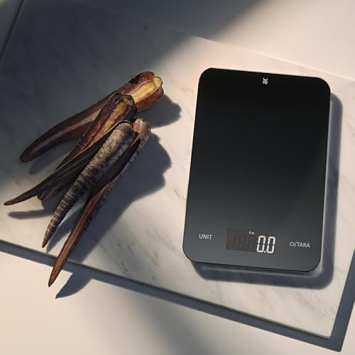 Foto von WMF Digitale Küchenwaage schwarz 23 x 15 x 2 cm, Backwaage, Haushaltswaage, Küchenwaage digital, Sicherheitsglas, grammgenau, Tara-Funktion, 5kg Maximalgewicht, schwarz