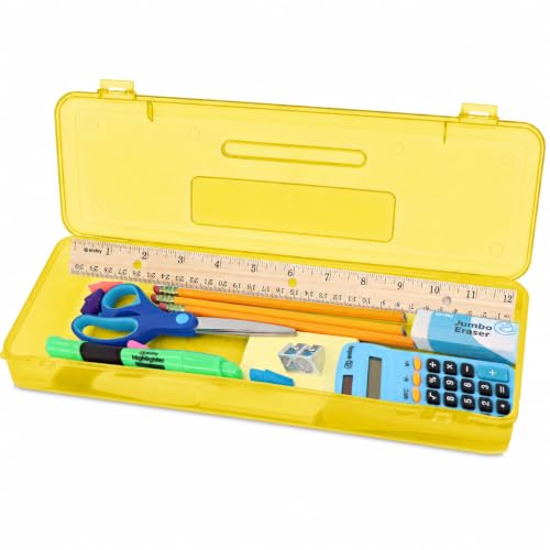 Enday Pencil Box Yellow, Plastic Pencil Case with Snap Lid, Storage Organizer Utility Box, Long Ruler Length School Pencil Box for Kids & Adults, Marker Pen Supply Box for School Office Classroom