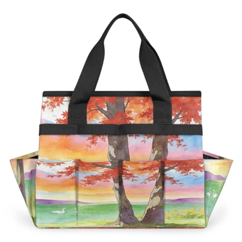 Autumn lakeside pattern Garden Tool Bag, Heavy Duty Gardening Tote Bag with 10 Pockets,Standable Garden Home Tool Kits Organizer,Gardening bag for women Men Indoor and Outdoor Gardening.