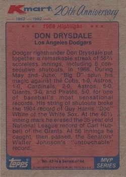 Don Drysdale 1982 Topps Kmart Baseball Card 42 (1968 Highlight)