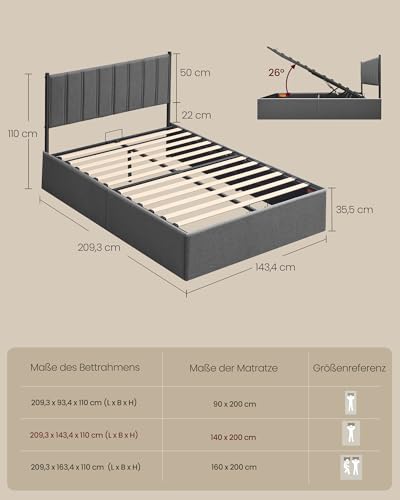 VASAGLE Bettgestell, Bettrahmen, Bett, 140 x 200 cm, klappbar Lattenrost, Unterbettaufbewahrung, Kopfteil, Hydrauliksystem, modern, einfache Montage, dunkelgrau RMB614G02