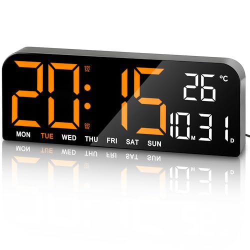 PiKaPiKaP Reloj de pared digital de 10 pulgadas, reloj digital con temperatura/cuenta antivuelca/4 niveles de luminosidad, gran despertador para conectar para dormitorio, salón, naranja