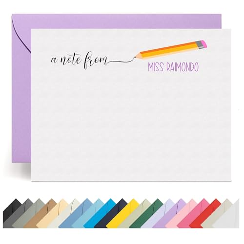 Personalized Stationery Teacher Note Cards with Envelopes – Custom Minimalist Thank You Cards, 12 Flat Note Cards & Colored Envelopes – Crush-Resistant Gift Packaging (Writing Pencil)