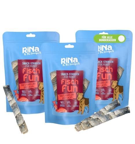 3er-Set: RiNa`s 100% KABELJAU UND LACHS | 3X 80g-Stange aus Fischhaut | Schonend getrockneter Hundesnack aus Fisch | Lang haltbar | Mit Omega-3, 6 & 9 | Proteinreich & ohne Zusatzstoffe