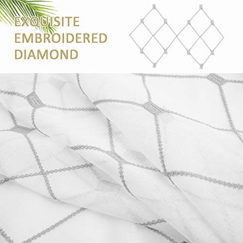 Top Finel White Sheer Curtains 90 Inches Long Grey Embroidered Diamond Grommet Window Curtains For Living Room Bedroom, 2 Panels #TOP4