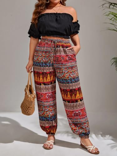 Image of GRECIILOOKS Boho Printed Wide Leg Palazzo Pants for Women, Flowing High Waist Rayon Trousers for Beach, Vacation, Lounge, and Summer Style