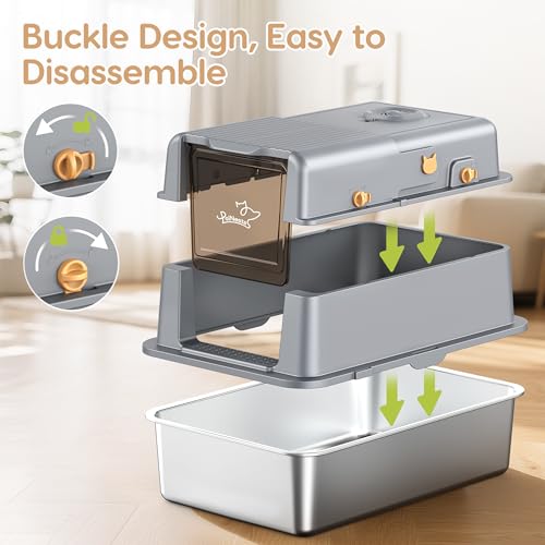 PalNests Stainless Steel Cat Litter Tray, XXL Litter Box with 105° Flip Lid, Detachable Metal Large Pet Toilet with Cat Litter Deodorizer, High Sided Litter Tray with Deodorizing Block, Mat and Scoop - Image 5