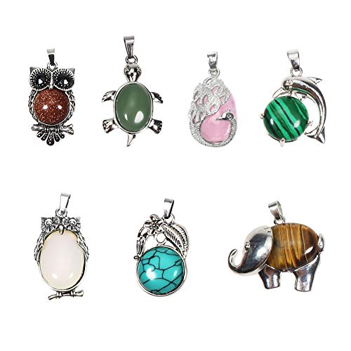 Toaob 7Pcs Assorted Antique Silver Mixed Style Charms Gemstone Pendants Turtle Owl Peacock Animals Shape Healing Chakra Beads Crystal Stone Charm Pendants For Diy Necklaces Jewelry Making #TOP19