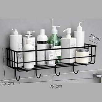 Bathroom Rack/Shelves - Kitchen Storage Self Adhesive Bathroom Shelf and Shampoo Holder with 4 Hook Adhesive Shower Caddy Metal Shelf (Pack of 2, Black)