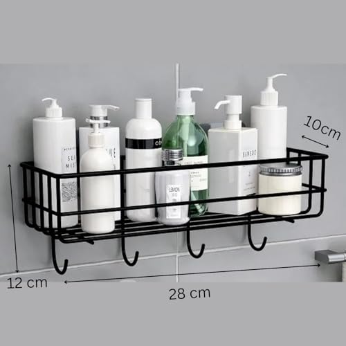 Bathroom Rack/Shelves - Kitchen Storage Self Adhesive Bathroom Shelf and Shampoo Holder with 4 Hook Adhesive Shower Caddy Metal Shelf (Pack of 2, Black)