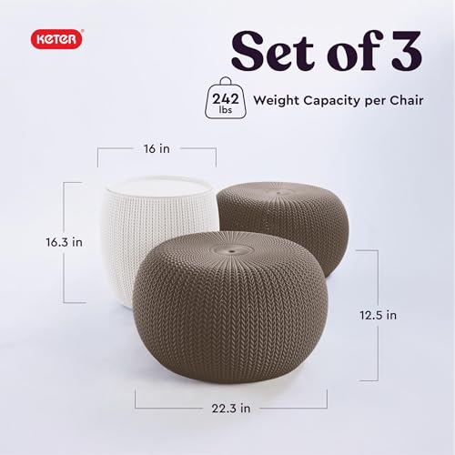 Image of KETER Urban Knit Pouf Ottoman Set of 2 with Storage Table for Patio and Room Decor-Perfect for Balcony, Deck, and Outdoor Seating, Cream & Taupe