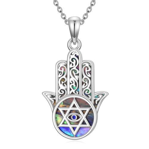 Image of ROMANTICWORK Hamsa Hand Evil Eye Necklace 925 Sterling Silver Star of David Pendant Hand of Fatima Spiritual Protection Jewellery Gifts For Women Men