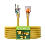 GREATIDE 25 Ft Lighted Outdoor Extension Cord - 10/3 SJTW Heavy Duty Yellow Extension Cable with 3 Prong Grounded Plug for Safety, UL Listed