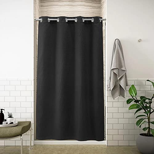 River Dream Stall Waffle Weave Shower Curtain With Snap-In Liner,Cotton Blend,No Hooks Needed Shower Curtain For Bathroom, Shower Curtain With Liner Set,Black,54X80 Inches #TOP29