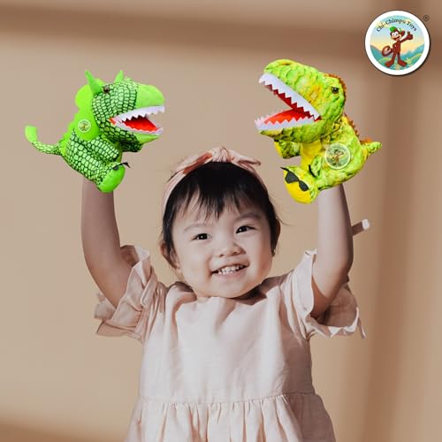 Image of Chi-Chimpu's Open Mouth Triceratops Dinosaur Hand Puppet for Kids | Soft Plush Animal Puppet for Storytelling Fun Learning Puppets Toy with Movable Mouth | Interactive Pretend Play | Spotted Green