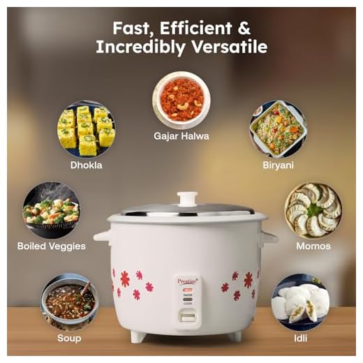 Prestige PRWO 1.8-2 Electric Rice Cooker| 2 Aluminium Cooking Pans | Stainless Steel Lid | Grey/White | Cool Touch Handles | Detachable Power Cord | 700- Watt|1.8 Litres