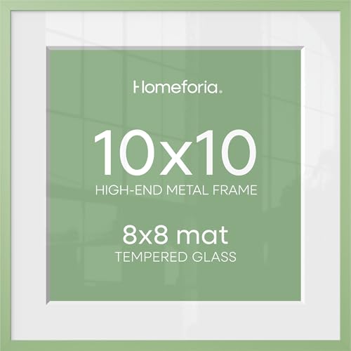 Image of Homeforia 10x10 Green Picture Frame, High-End Metal, 8x8 Mat, Glass | High End Aluminum, Tempered Glass, Acid-Free 8x8 Removable Mat, 10x10 in Edge-to-Edge Display 10x10, Wall Kit, Set Of 1