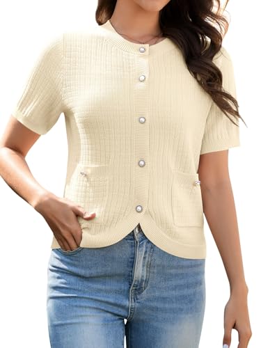 Women's Summer Short Sleeve Cardigans Cropped Tweed Blazers Button Up Knitted Sweater Jacket for Dress with Pockets