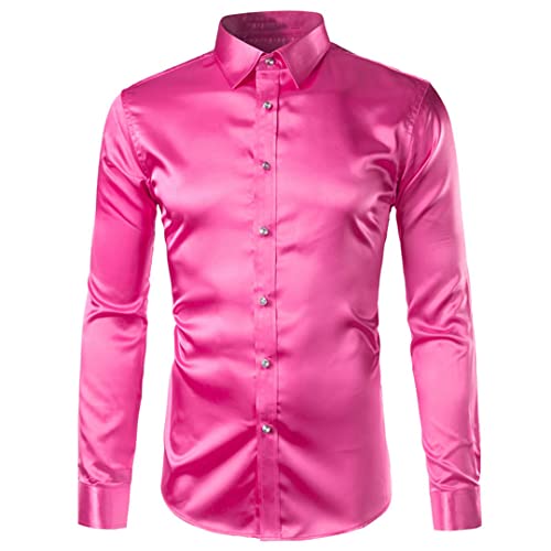 Chemise satin de soie homme GN - Tenue décontractée chic pour soirée et smoking rouge rose L