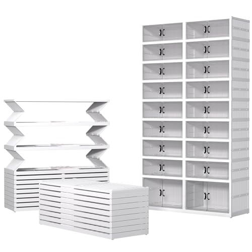 Image of GCCSJ 9 Tiers 36 Pairs Foldable Shoe Rack Organizer, Plastic Collapsible Shoe Shelf, Folding Shoe Box Storage Cabinet with Magnetic Clear Door Easy Assembly