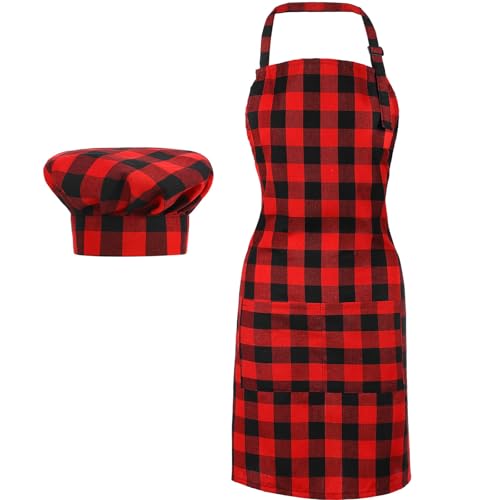 SATINIOR 2 Pcs Chef Costume for Women Men Chef Hat Apron Set for Adult Baker Apron Hat for Cooking Cosplay(Red, Black,Plaid Style)