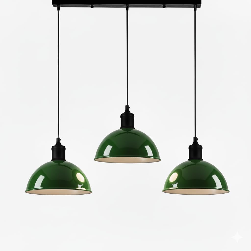 LEDSone 3-Light Modern Pendant Ceiling Lamp Adjustable Height Nordic Metal Shades Hanging Fixture for Dining Room, Kitchen Island, Living Room & Bedroom (Green)